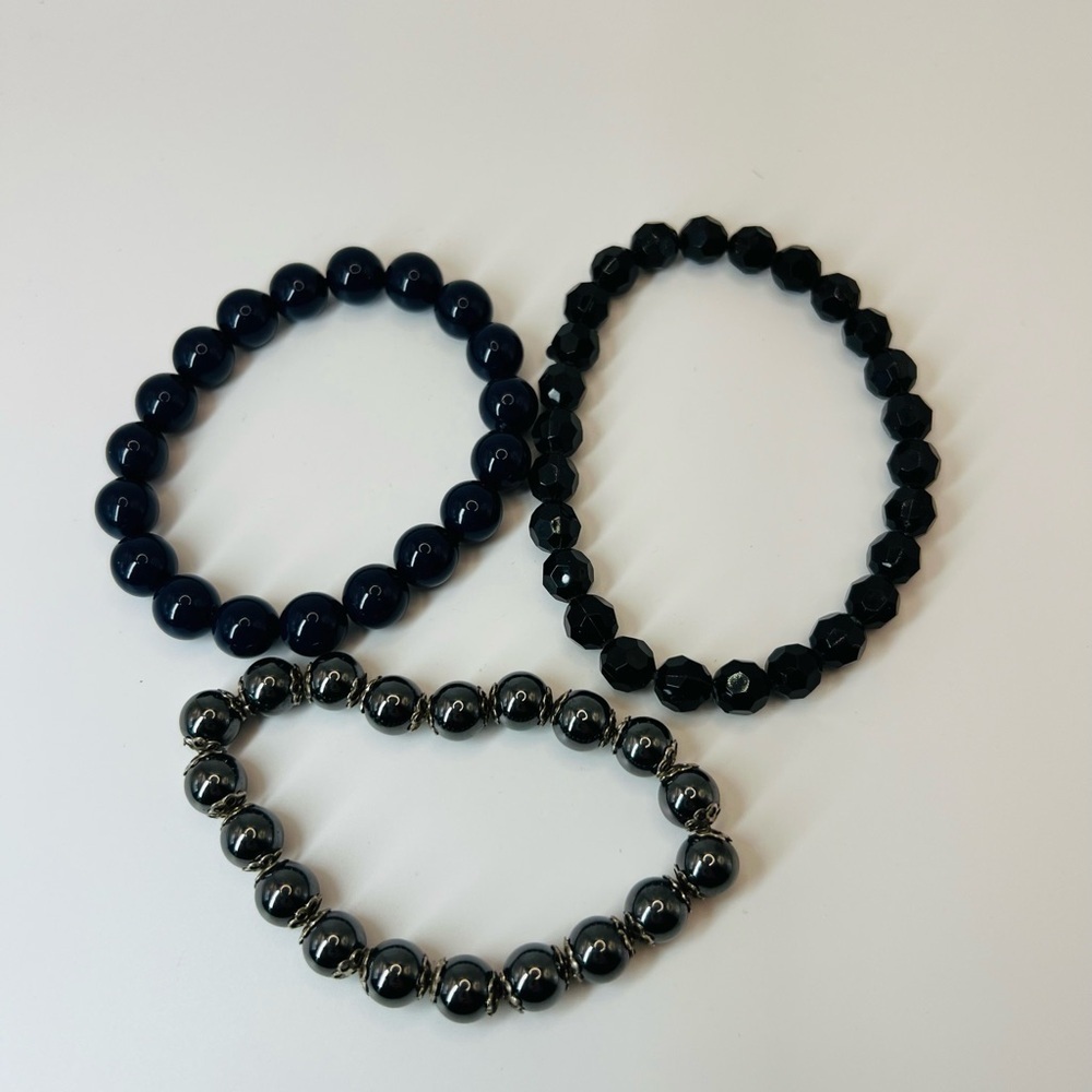 Set of 3 Beaded Stretch Bracelets Dark Gray Navy Blue Black Minimalist Stack - Picture 2 of 4